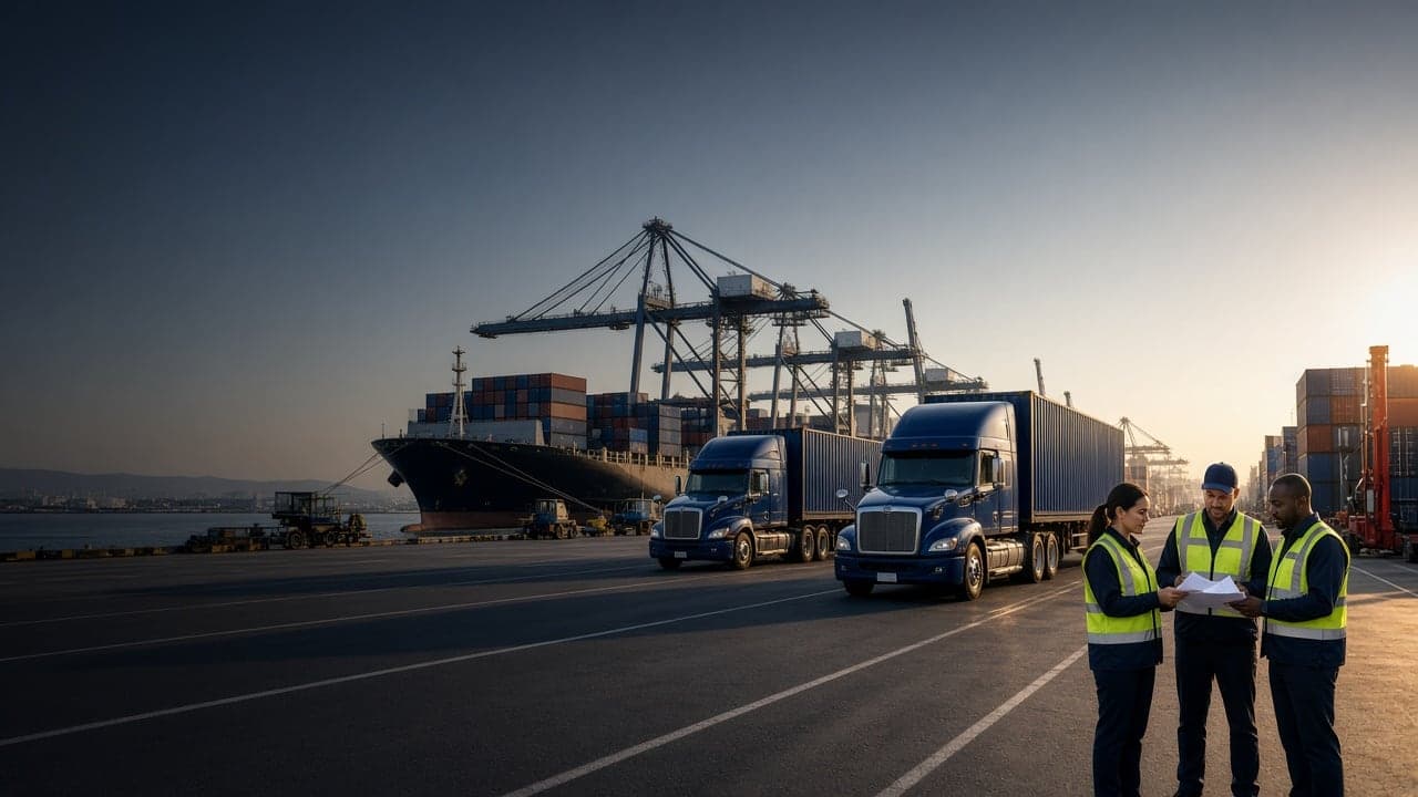 U.S. port operations team coordinating freight beside container trucks and a cargo ship