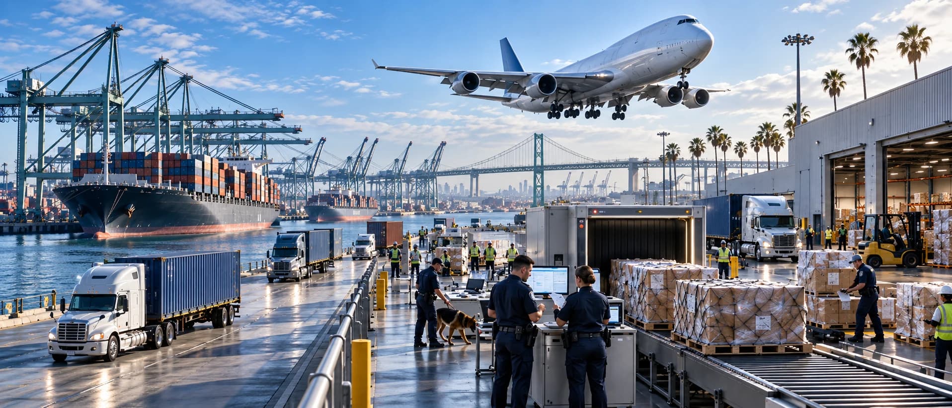 U.S. customs inspection operations connecting air freight, seaport cargo, trucking and warehousing