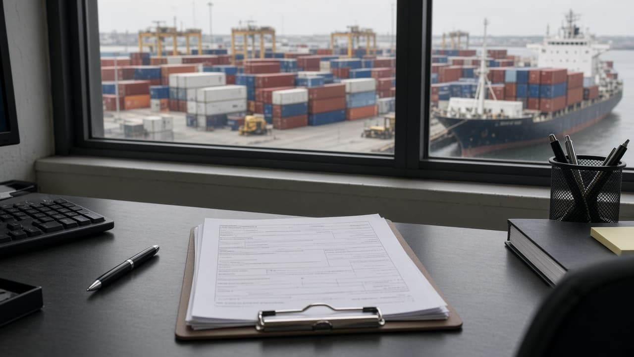Import documents on a desk overlooking a container terminal and cargo ship