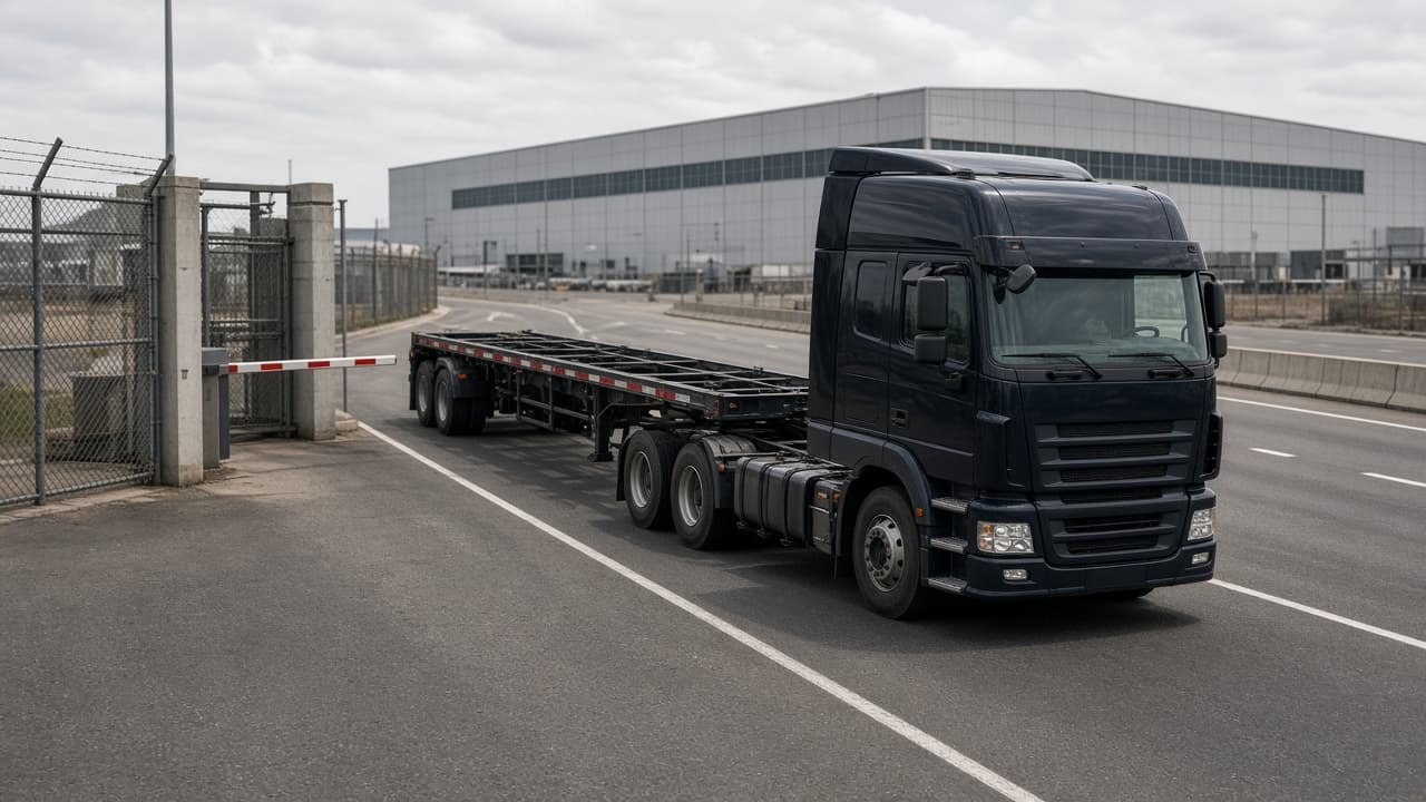 Container chassis truck leaving a port gate toward a U.S. warehouse