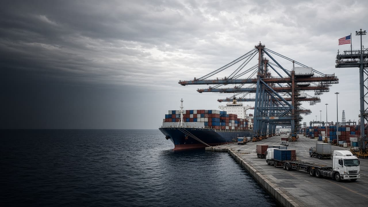 Container ship and trucks alongside gantry cranes at a U.S. port