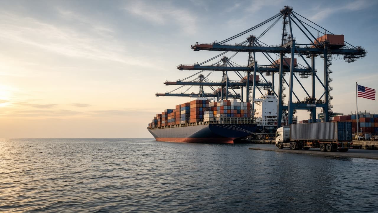 Container ship and freight truck at a U.S. port