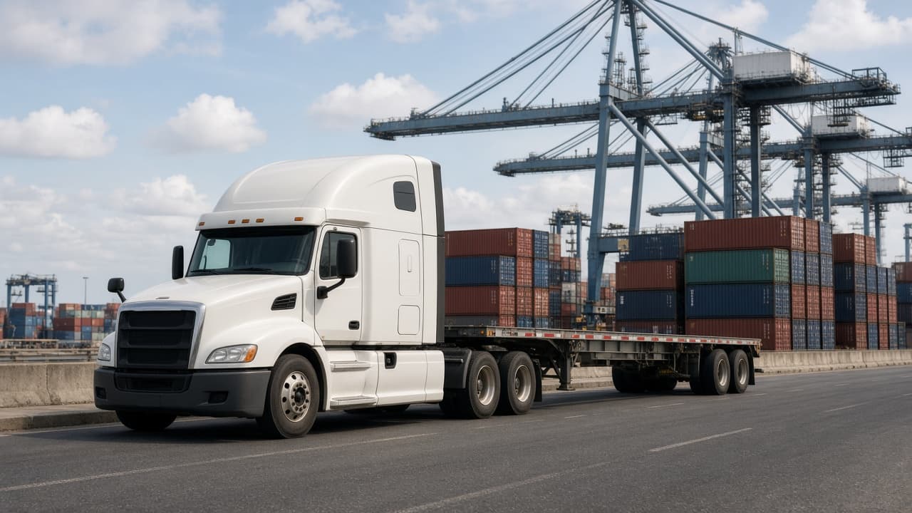 Freight truck moving a container away from a U.S. port
