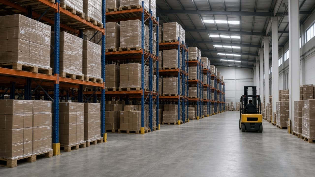 Palletized freight staged inside a U.S. warehouse